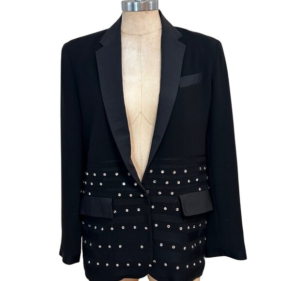 Nanette Lepore Black Rhinestone Blazer Jacket With Satin Lapels Fits Like Size 8 - Picture 1 of 5